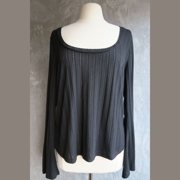 ANTHROPOLOGIE Black Ribbed Sweater Size 2X Scoop Neck Semi-Sheer Bell Sleeve - Picture 1 of 8